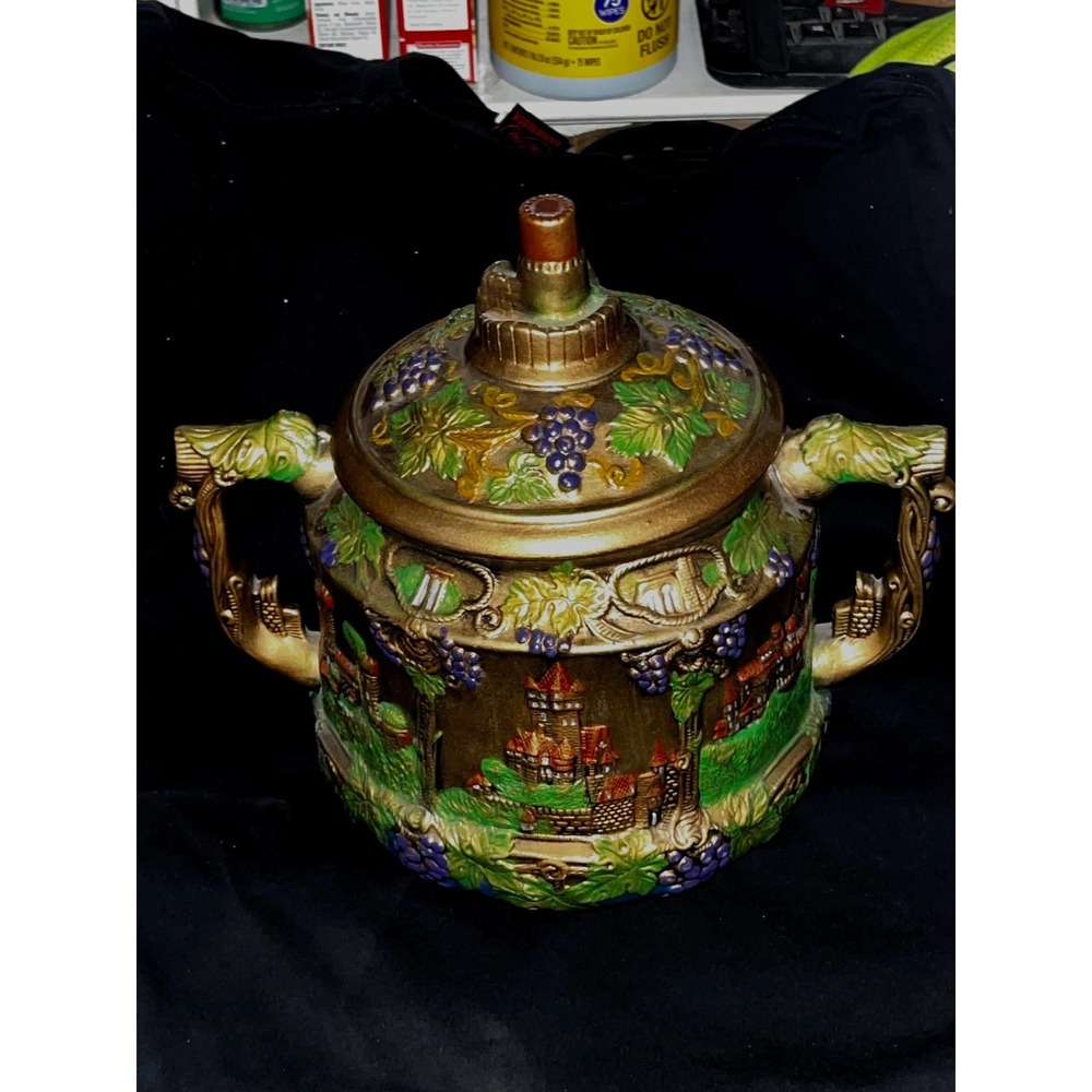 Gerz Vintage German Porcelain Castle Punch Bowl Cookie Jar Gold Bronze